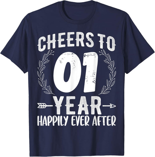 Cheers to 1 Year Happily - 1st Anniversary Husband Wife T-Shirt - T-Shirt | Navy