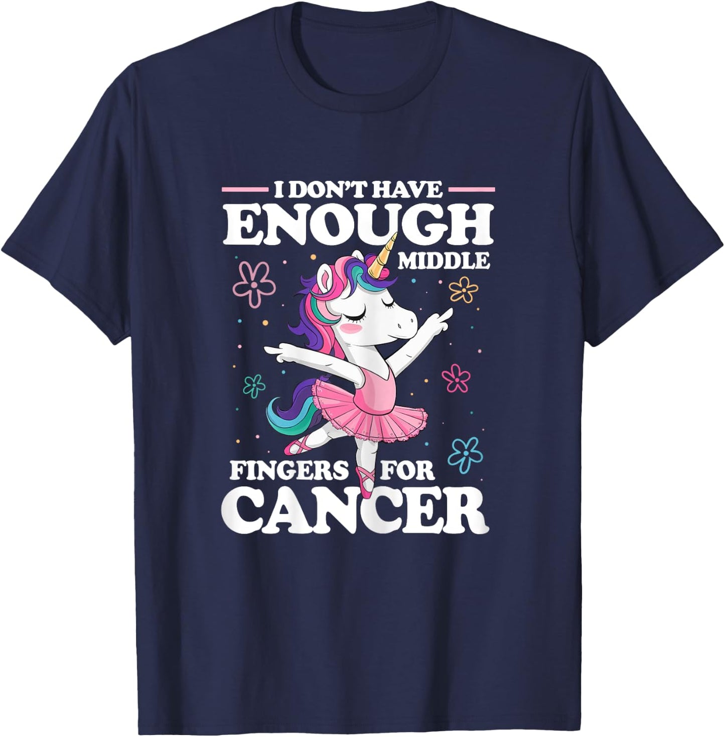 Christmas Funny I Don't Have Enough Middle Fingers For Cancer Unicorn Women's Black X-Small Modern U-Neck Short Sleeve Breast Cancer Awareness T-Shirt - T-Shirt | Navy