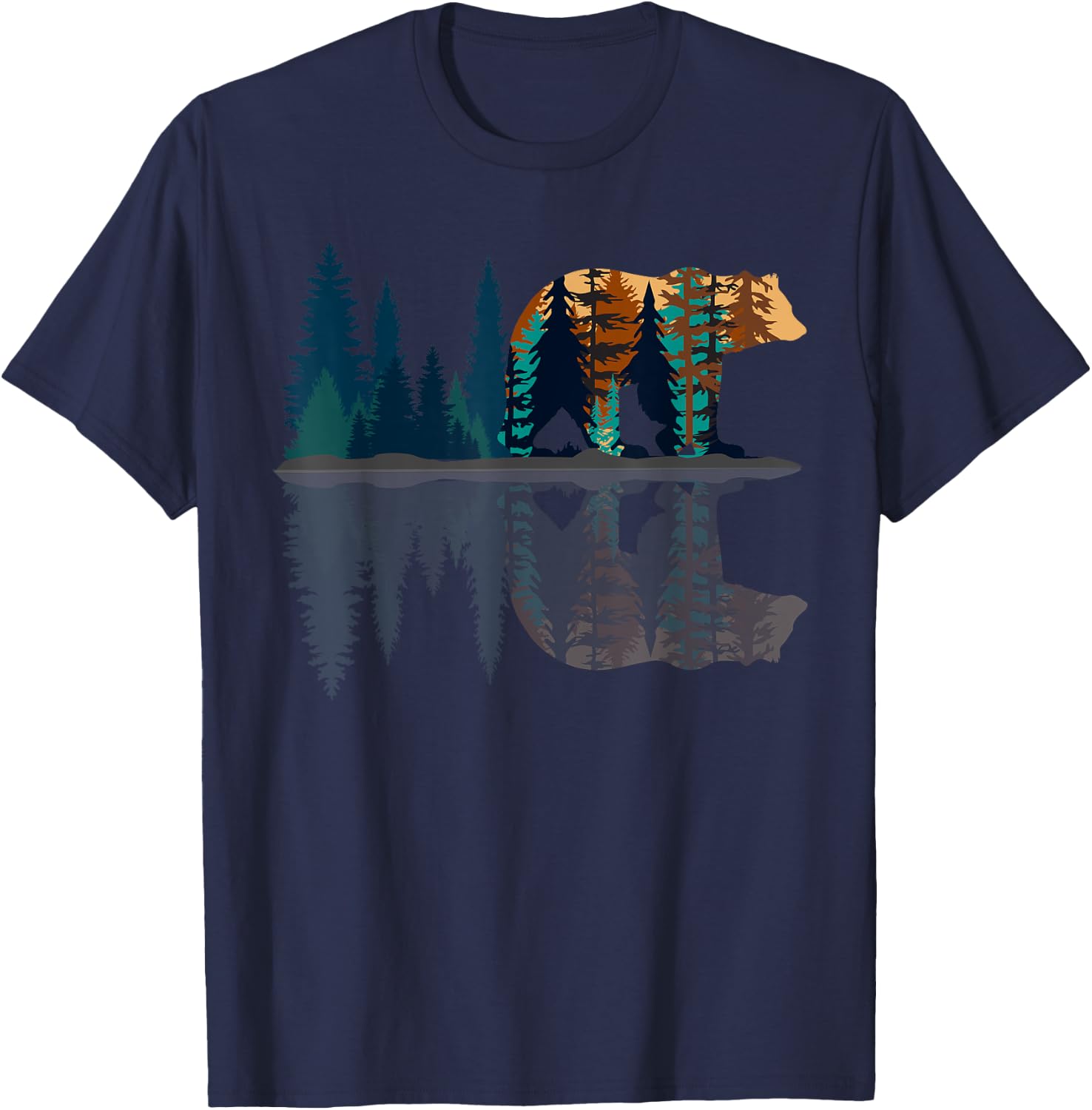 Trees Reflection Wildlife Nature Animal Bear Outdoor Forest T-Shirt - T-Shirt | Navy