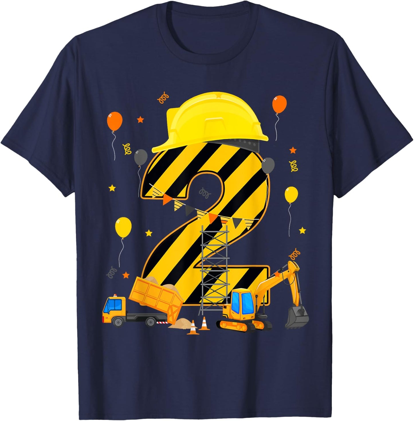 Two 2yr 2nd Birthday Construction Vehicles 2 Year Old T-Shirt - T-Shirt | Navy