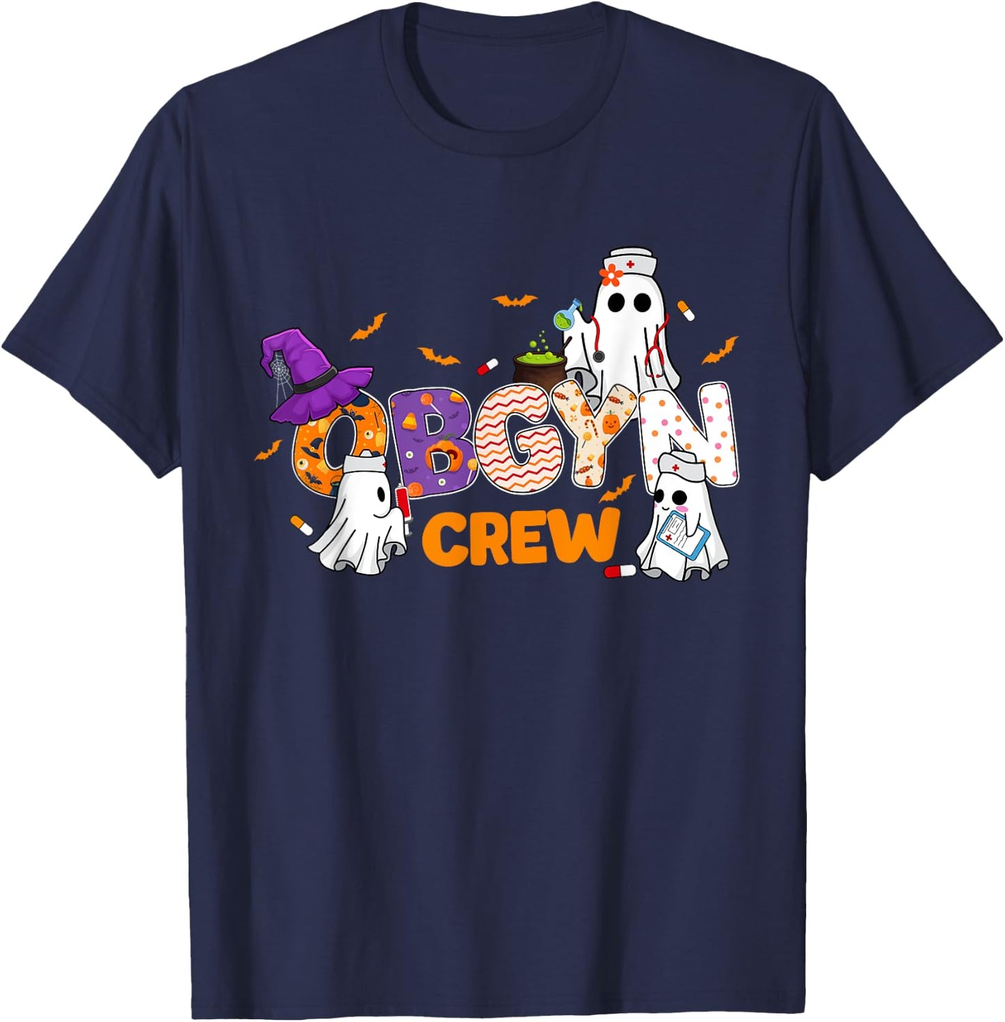 Halloween OBGYN Crew Cute Boo Ghost Nurse Nursing Scrub T-Shirt - T-Shirt | Navy