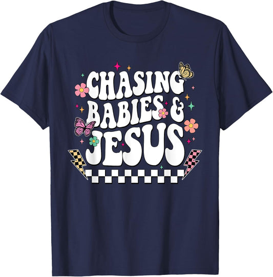 Chasing Babies And Jesus Christian Groovy T-Shirt - T-Shirt | Navy