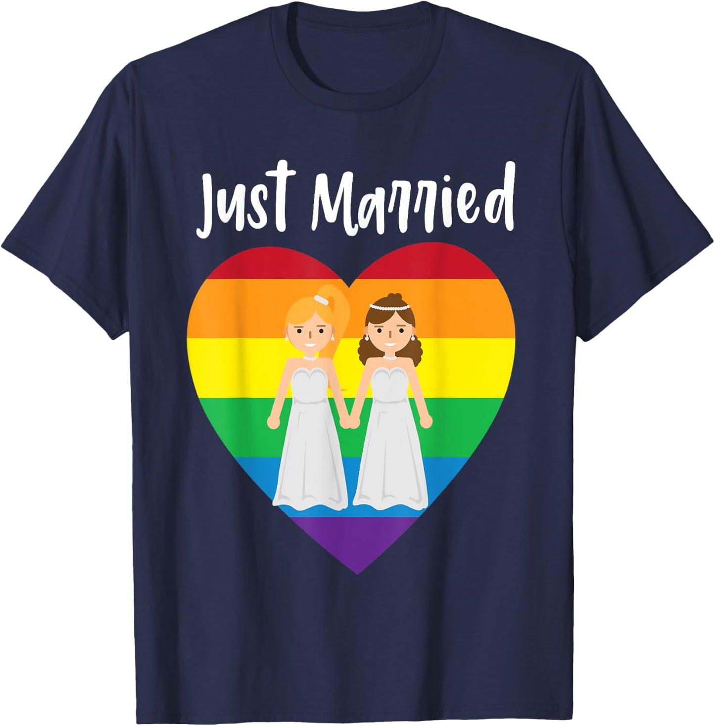 Just Married Double Bride Lesbian Pride Rainbow Color Print T-Shirt - T-Shirt | Navy