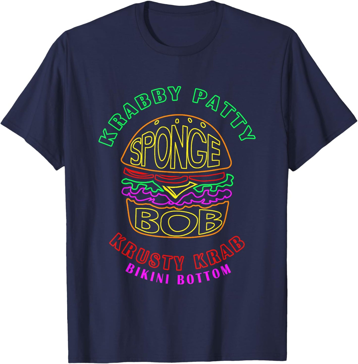 SpongeBob SquarePants Krabby Patty Retro Neon Outline Logo T-Shirt - T-Shirt | Navy