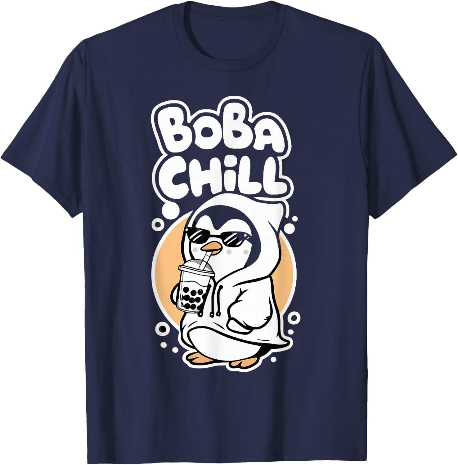 Boba Chill Kawaii Penguin Bubble Mike Tea Drink Cool Penguin T-Shirt - T-Shirt | Navy
