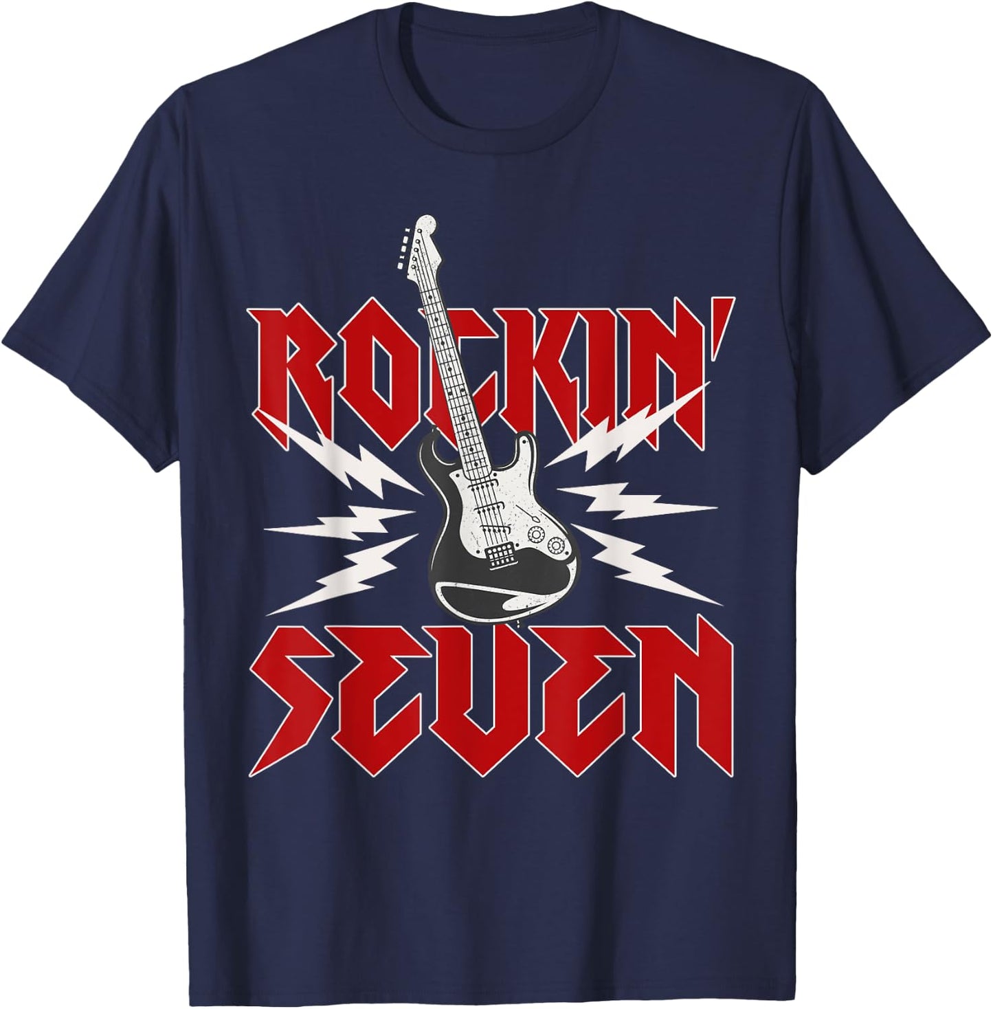 Rockin' Seven Retro Rockstar 7th Birthday Boy Girl Guitar T-Shirt - T-Shirt | Navy