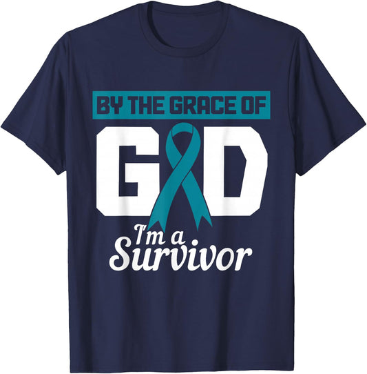 Ovarian Cancer Awareness Month Woman Teal Ribbon Survivor T-Shirt - T-Shirt | Navy