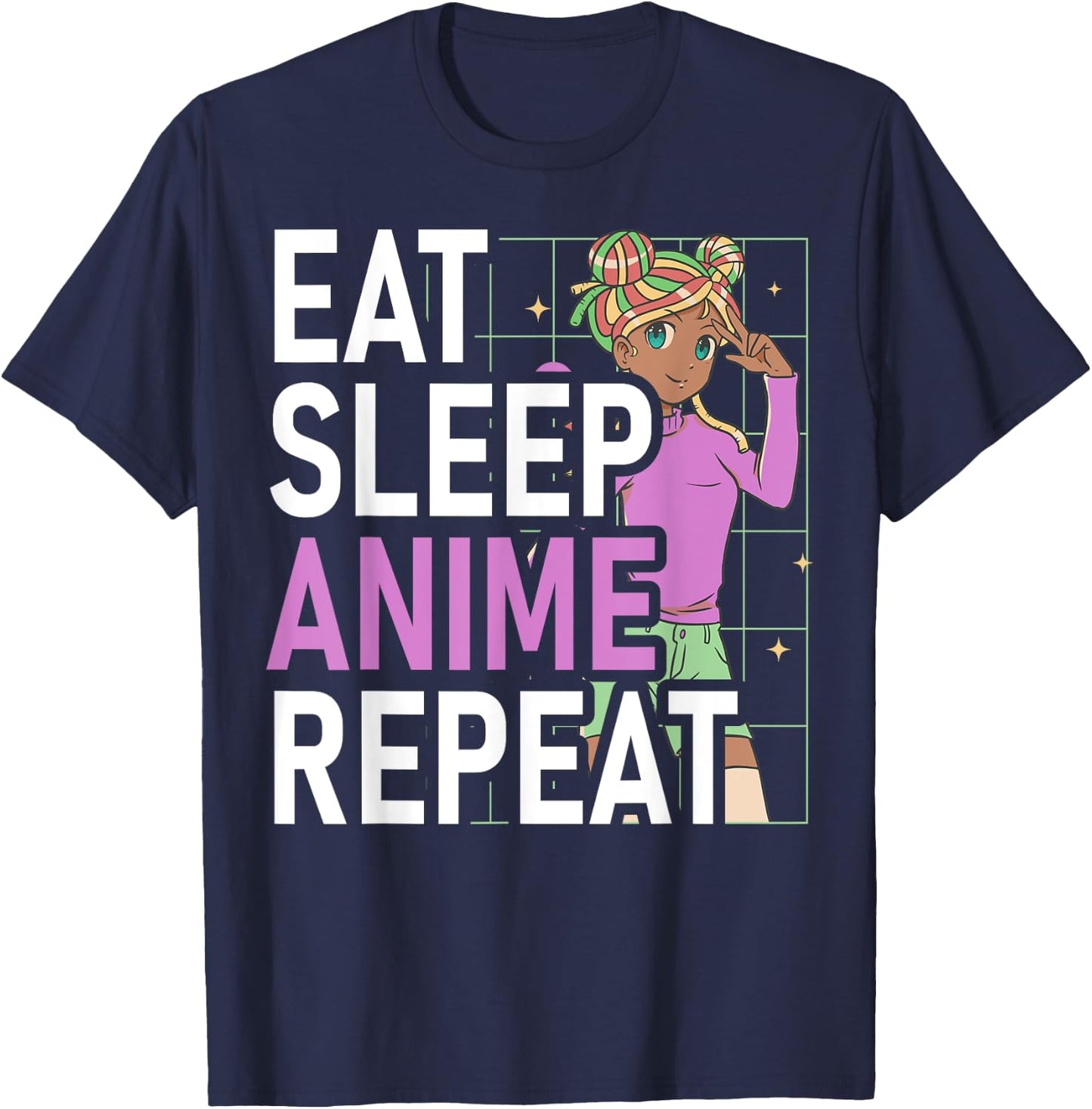 Eat Sleep Anime Repeat Anime Black Girl Afro Manga Otaku T-Shirt - T-Shirt | Navy