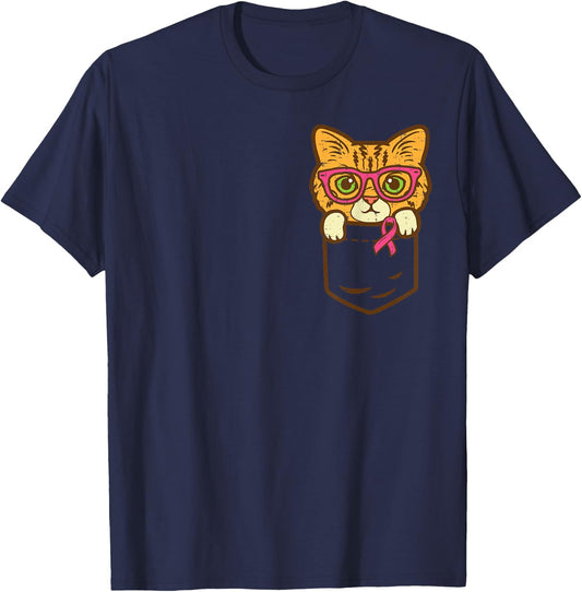 Pocket Cat Ribbon Breast Cancer Awareness Men Women Kids T-Shirt - T-Shirt | Navy