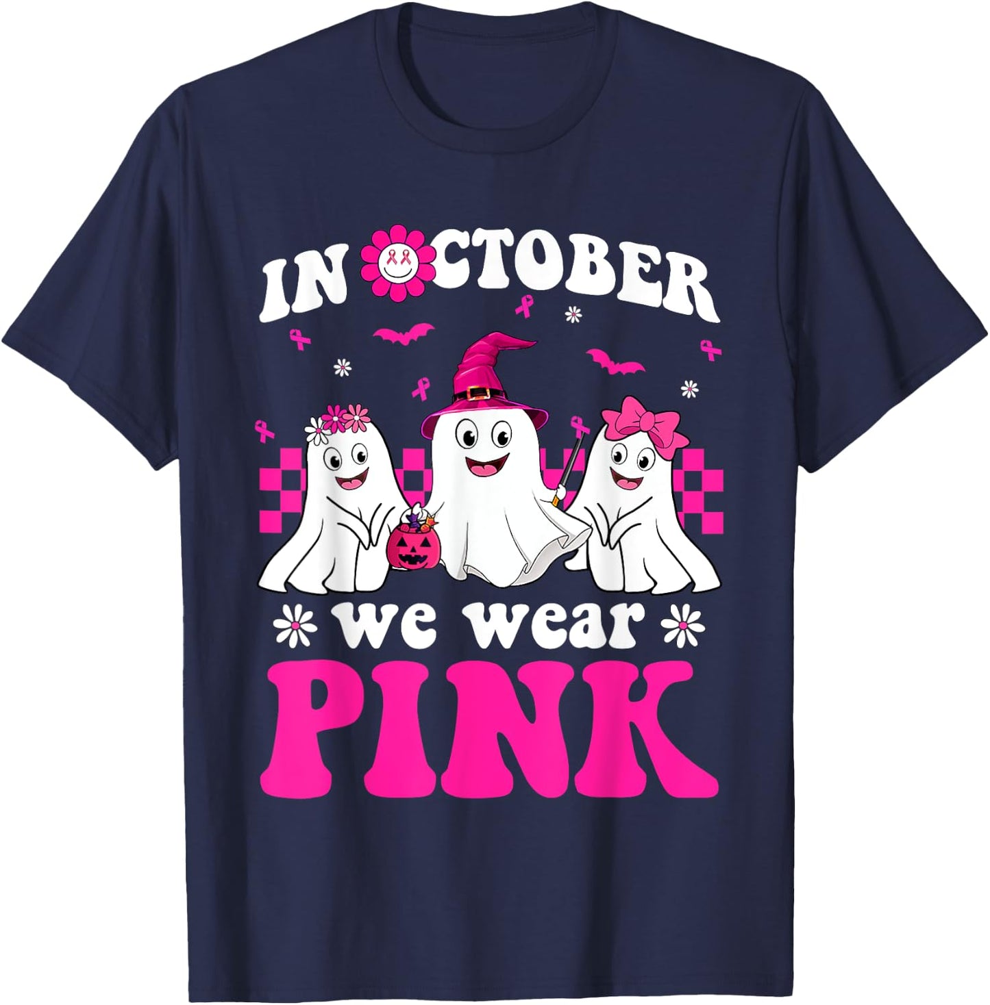 Wear Pink Groovy Ghost Halloween Breast Cancer Awareness T-Shirt - T-Shirt | Navy