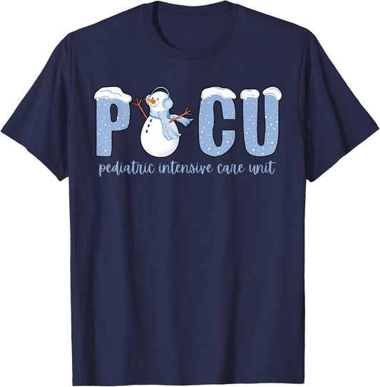 Winter Snowman PICU Nurse PICU Nurse Appreciation Pediatric T-Shirt - T-Shirt | Navy