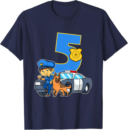 Kids 5th Birthday Police Costume Police Car 5 Years Police Officer T-Shirt - T-Shirt | Navy