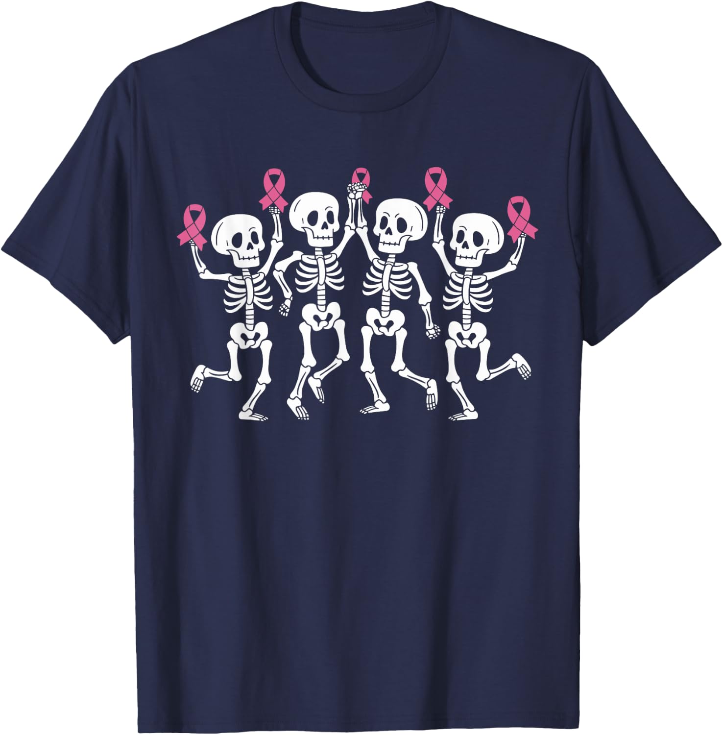 Pink Ribbon Breast Cancer Awareness Skeleton Women Men Kids T-Shirt - T-Shirt | Navy
