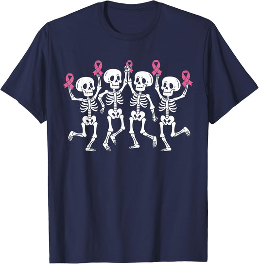 Pink Ribbon Breast Cancer Awareness Skeleton Women Men Kids T-Shirt - T-Shirt | Navy