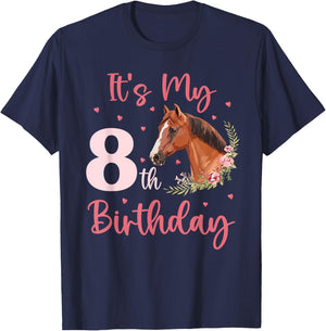 It's My 8th Birthday Girl Horse Lover 8 Years Old Bday T-Shirt - T-Shirt | Navy