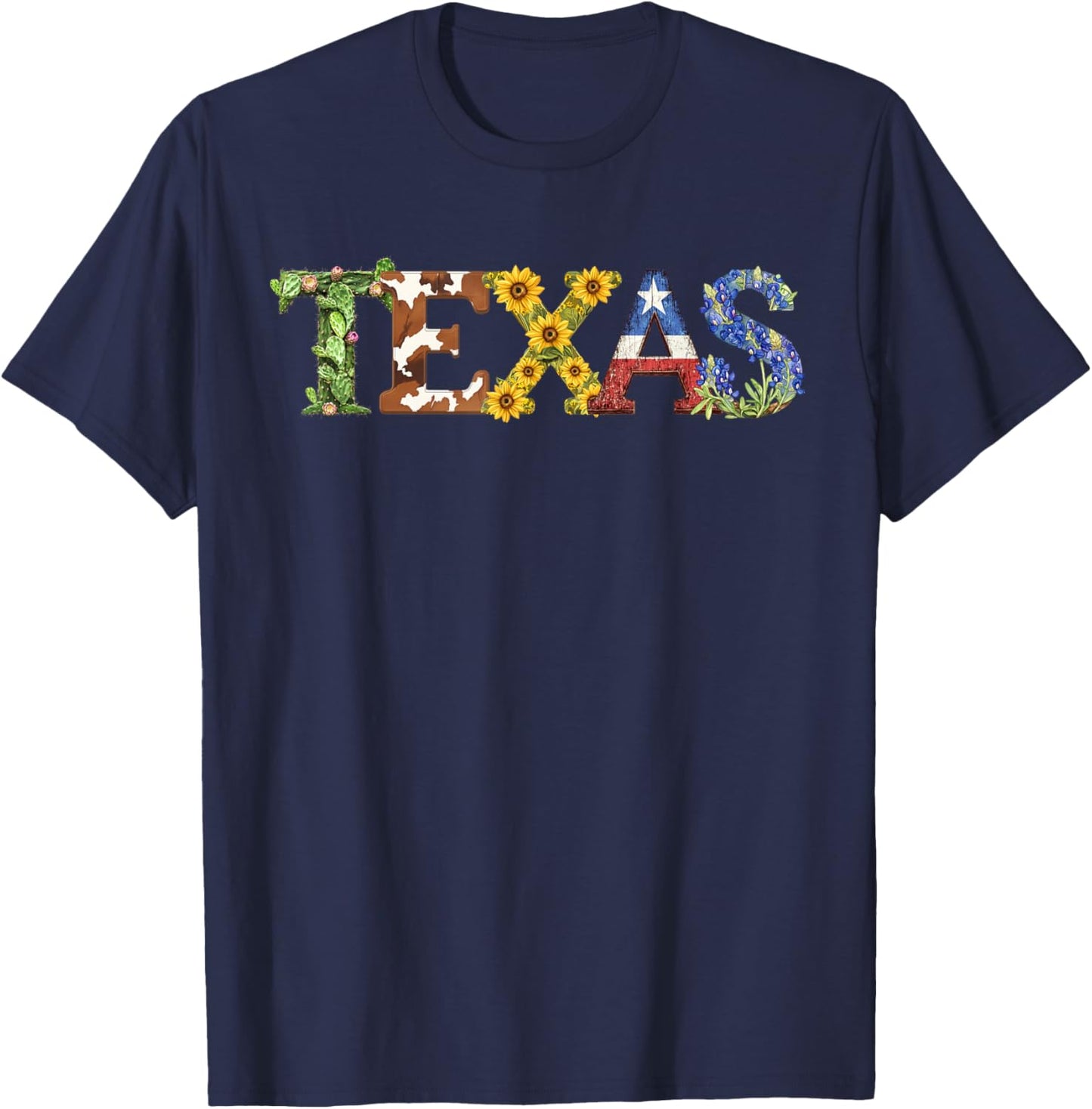 Texas-Themed Letters with Cactus, Sunflowers, & Bluebonnets T-Shirt - T-Shirt | Navy