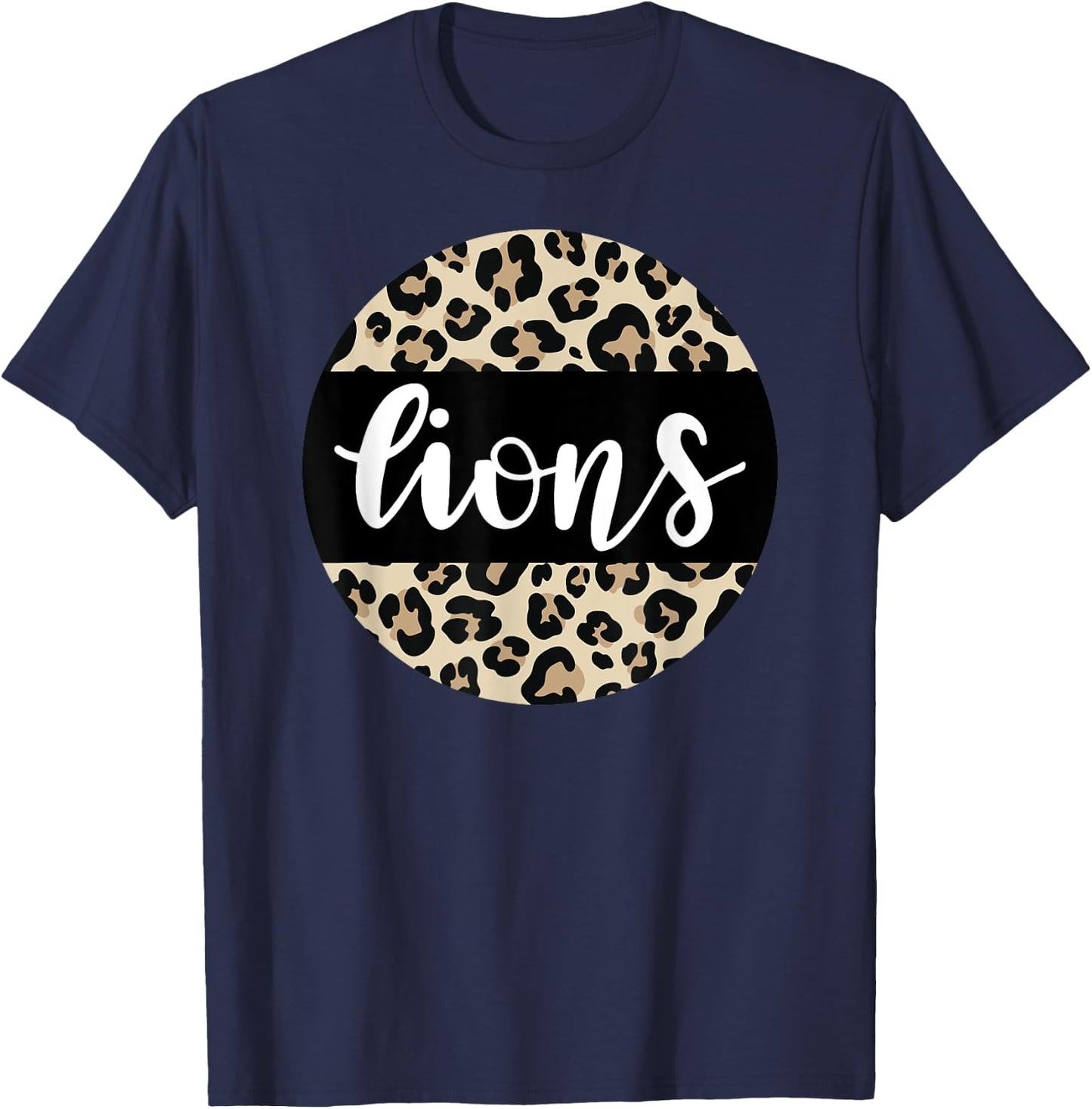 Leopard Print Lions Team Mascot School Spirit Game Night T-Shirt - T-Shirt | Navy