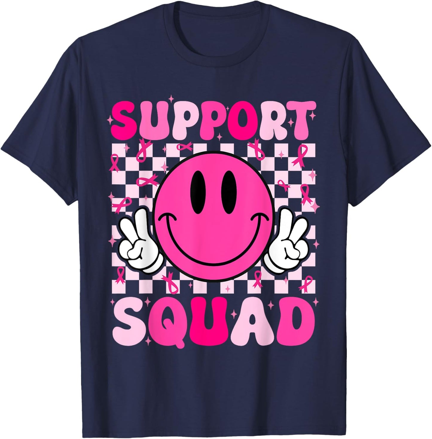 Groovy Breast Cancer Awareness Men Women Kids Support Squad T-Shirt - T-Shirt | Navy