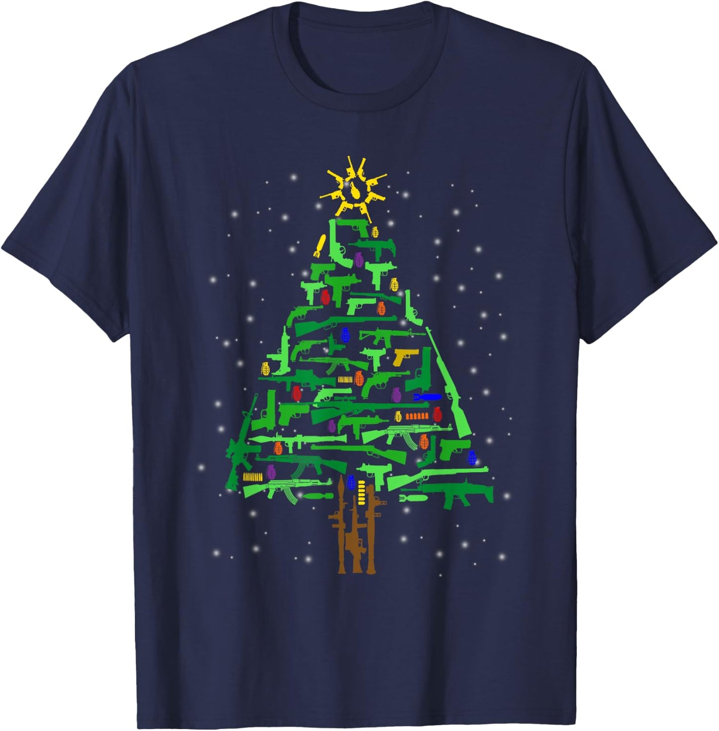 Gun Christmas Tree Funny Veteran Xmas 2024 Gifts Gun Lover T-Shirt - T-Shirt | Navy