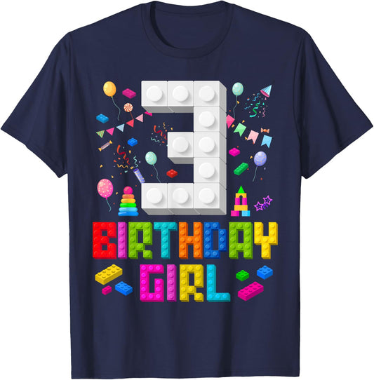 3rd Birthday Girl Master Builder 3 Years Old Building Block T-Shirt - T-Shirt | Navy