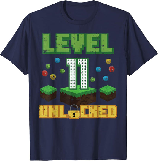 Level 11 Unlocked Pixel Gamer 11th Birthday Gaming Boys Kids T-Shirt - T-Shirt | Navy