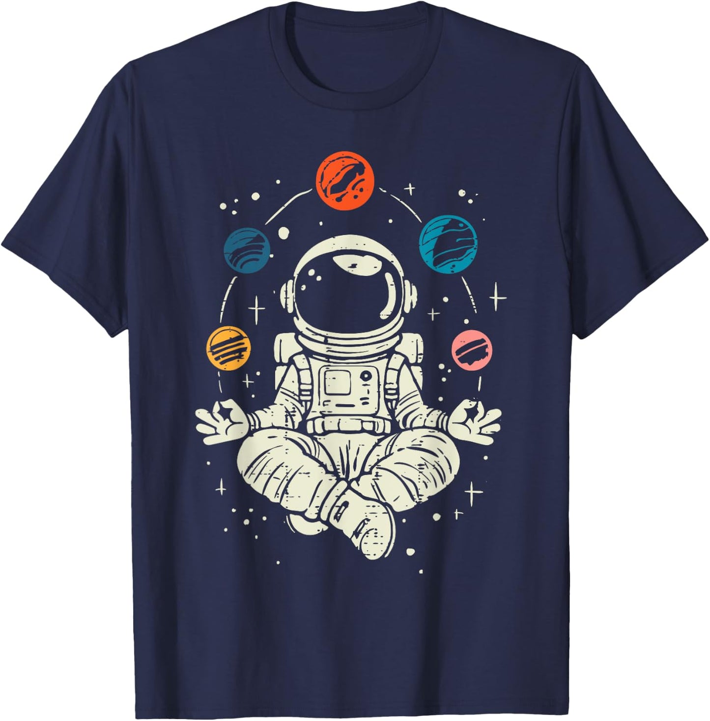 Meditating Astronaut Planets Space Yoga Lotus Kids Men Women T-Shirt - T-Shirt | Navy