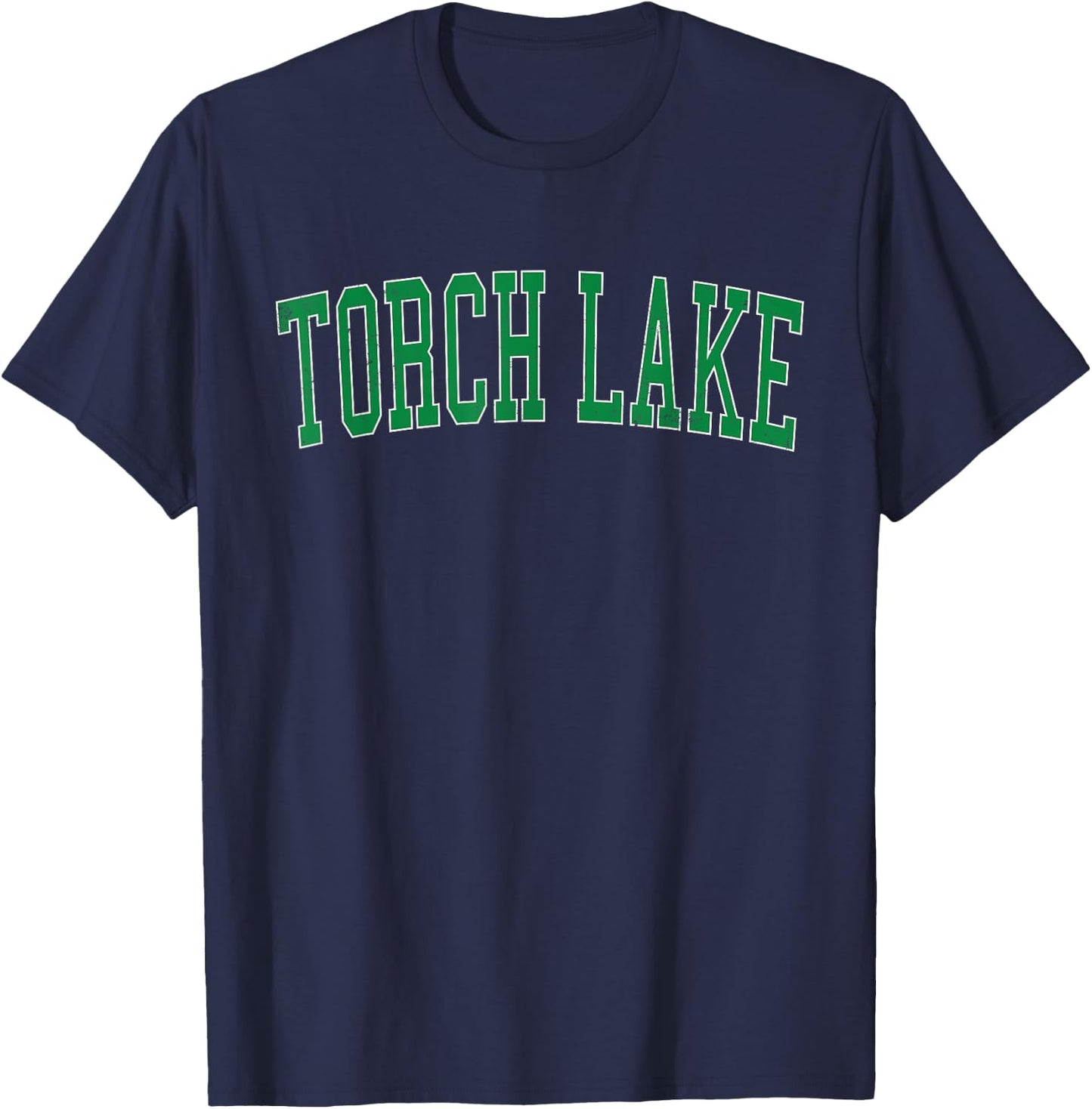 Vintage Torch Lake Distressed Green Varsity Style T-Shirt - T-Shirt | Navy