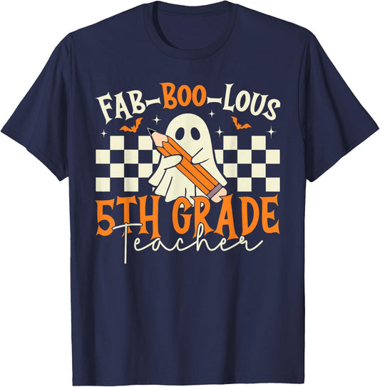Fab Boo Lous 5th Grade Teacher Retro Ghost Spooky Halloween T-Shirt - T-Shirt | Navy