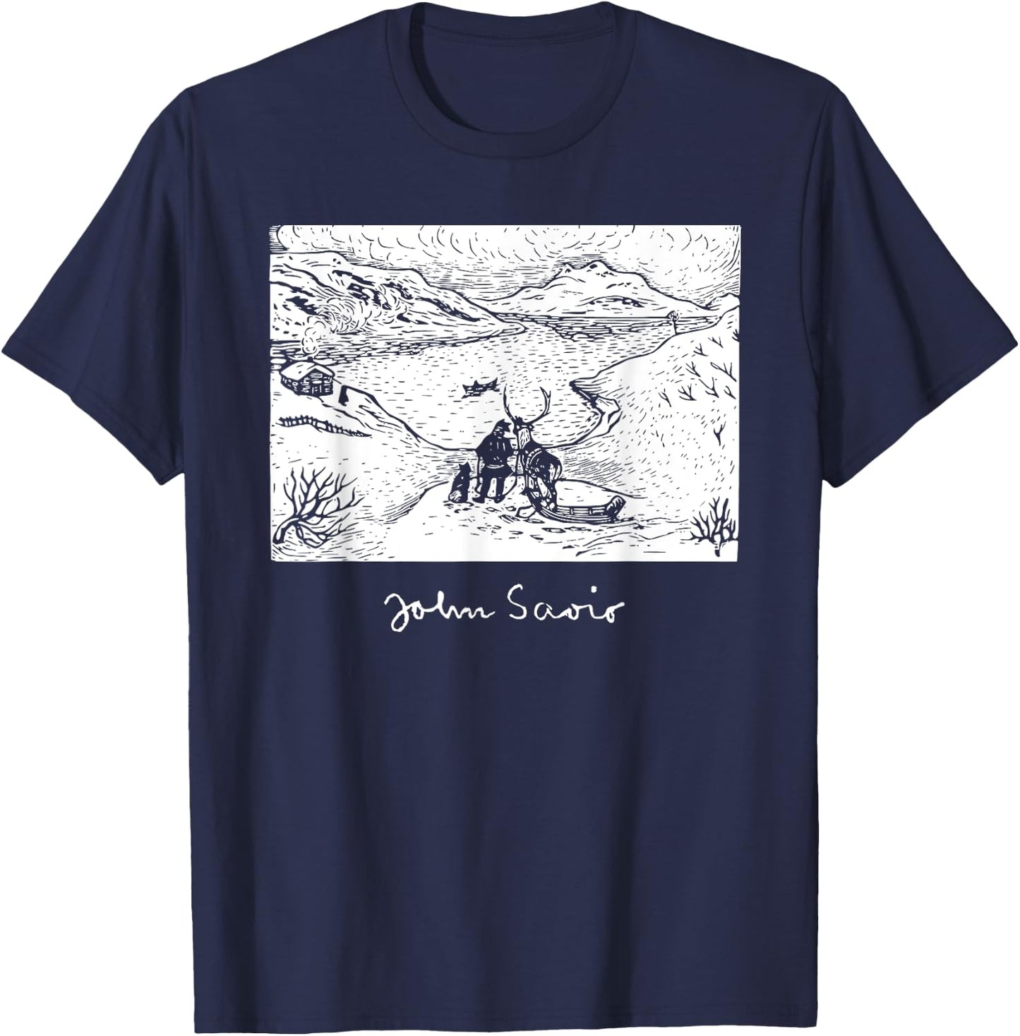 John Savio Sami Art Lapland Lapp with Reindeer at Bay Snow T-Shirt - T-Shirt | Navy