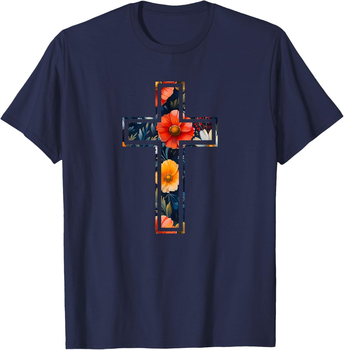 Elegant Silhouette Flowers Faith Floral Christian Cross T-Shirt - T-Shirt | Navy