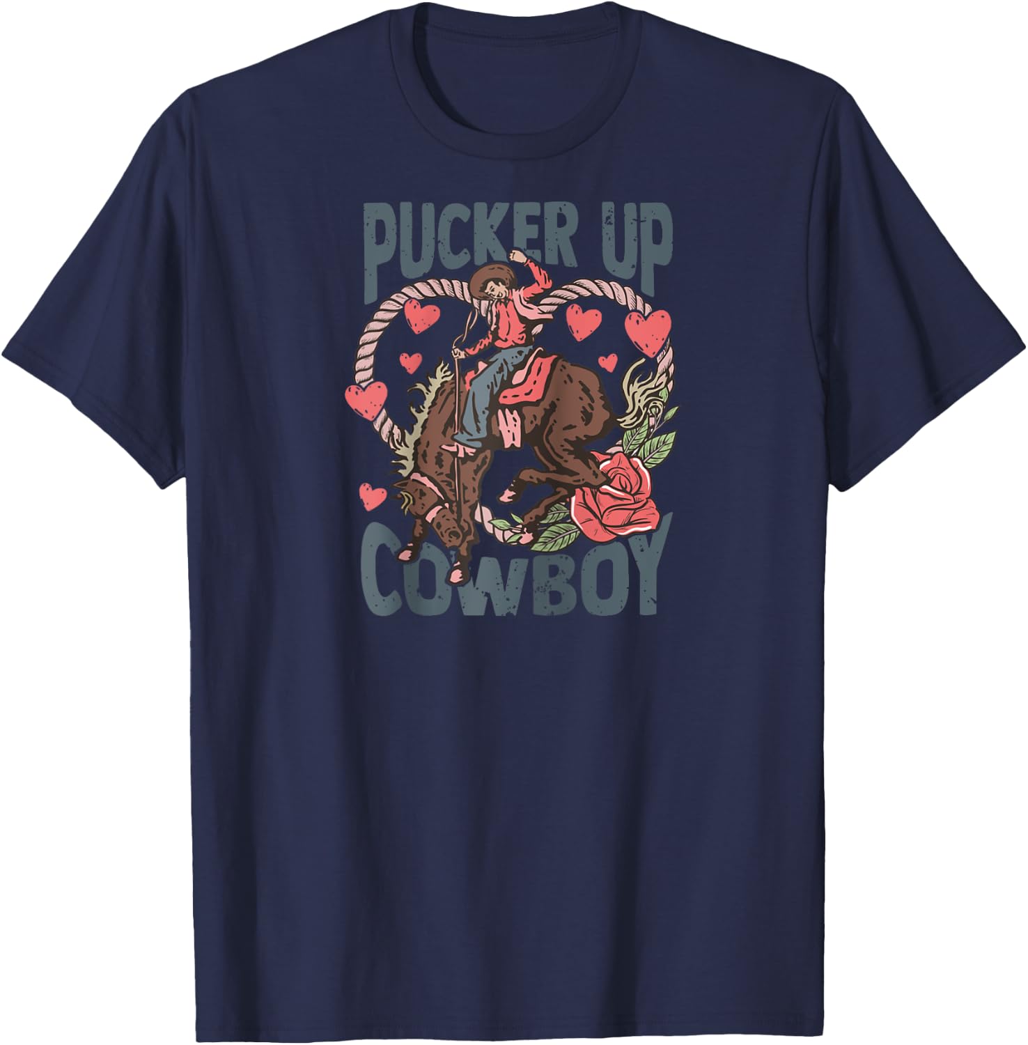 Pucker Up Cowboy Retro Groovy Howdy Valentines Cowboy Hat Raglan Baseball T-Shirt - T-Shirt | Navy