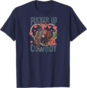 Pucker Up Cowboy Retro Groovy Howdy Valentines Cowboy Hat Raglan Baseball T-Shirt - T-Shirt | Navy