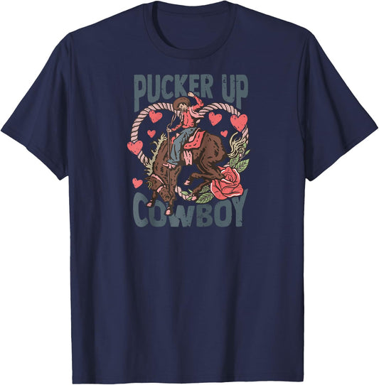 Pucker Up Cowboy Retro Groovy Howdy Valentines Cowboy Hat Raglan Baseball T-Shirt - T-Shirt | Navy