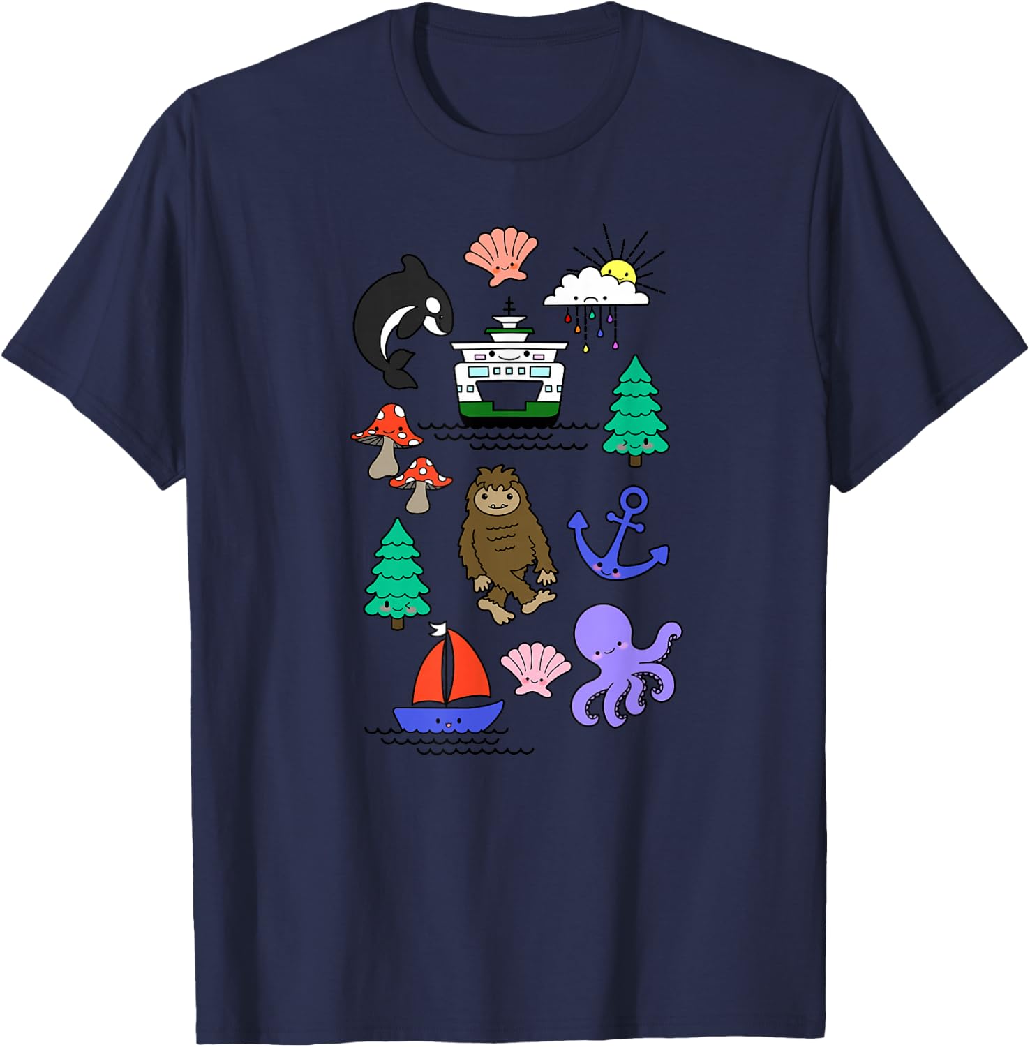 Pacific Northwest Kawaii Sasquatch Ferry Boat Doodle Sketch T-Shirt - T-Shirt | Navy