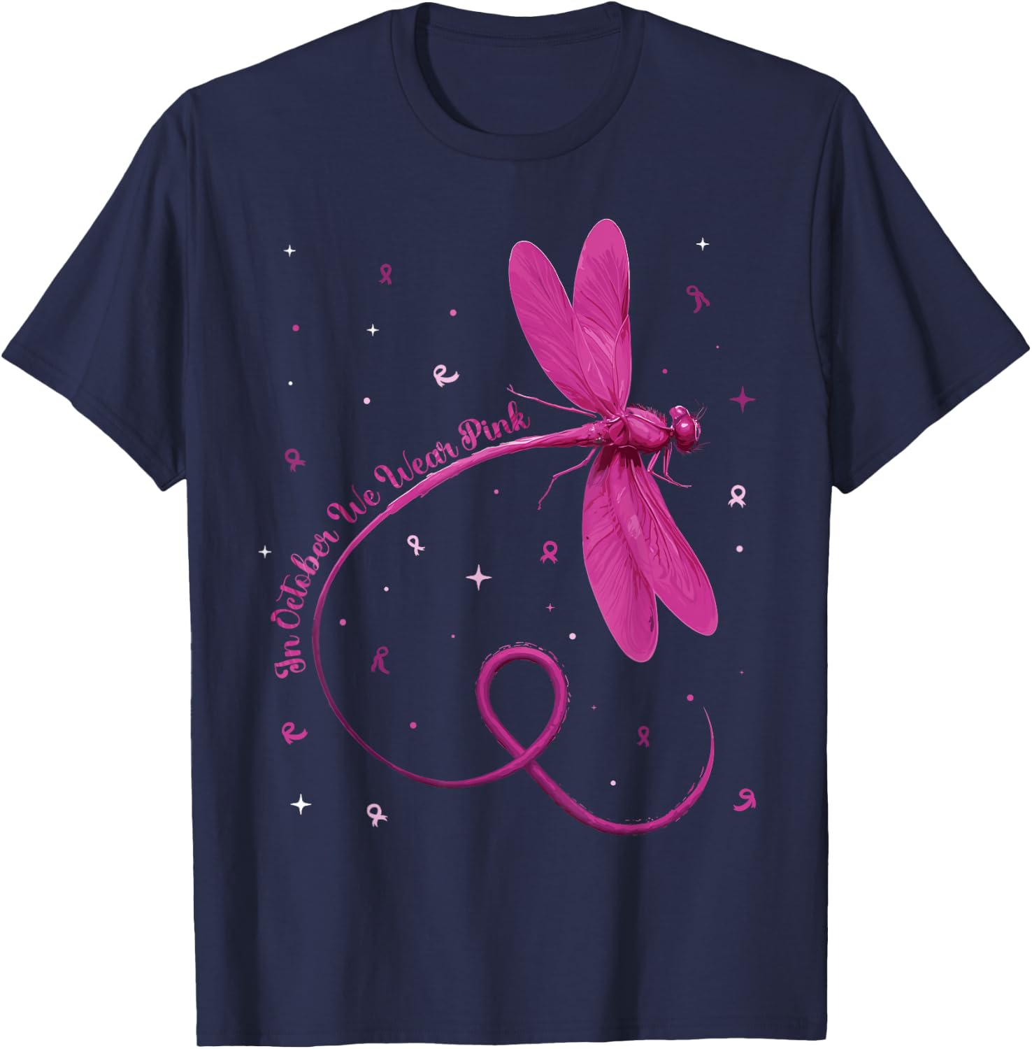 Dragonfly In October We Wear Pink Breast Cancer Awareness T-Shirt - T-Shirt | Navy
