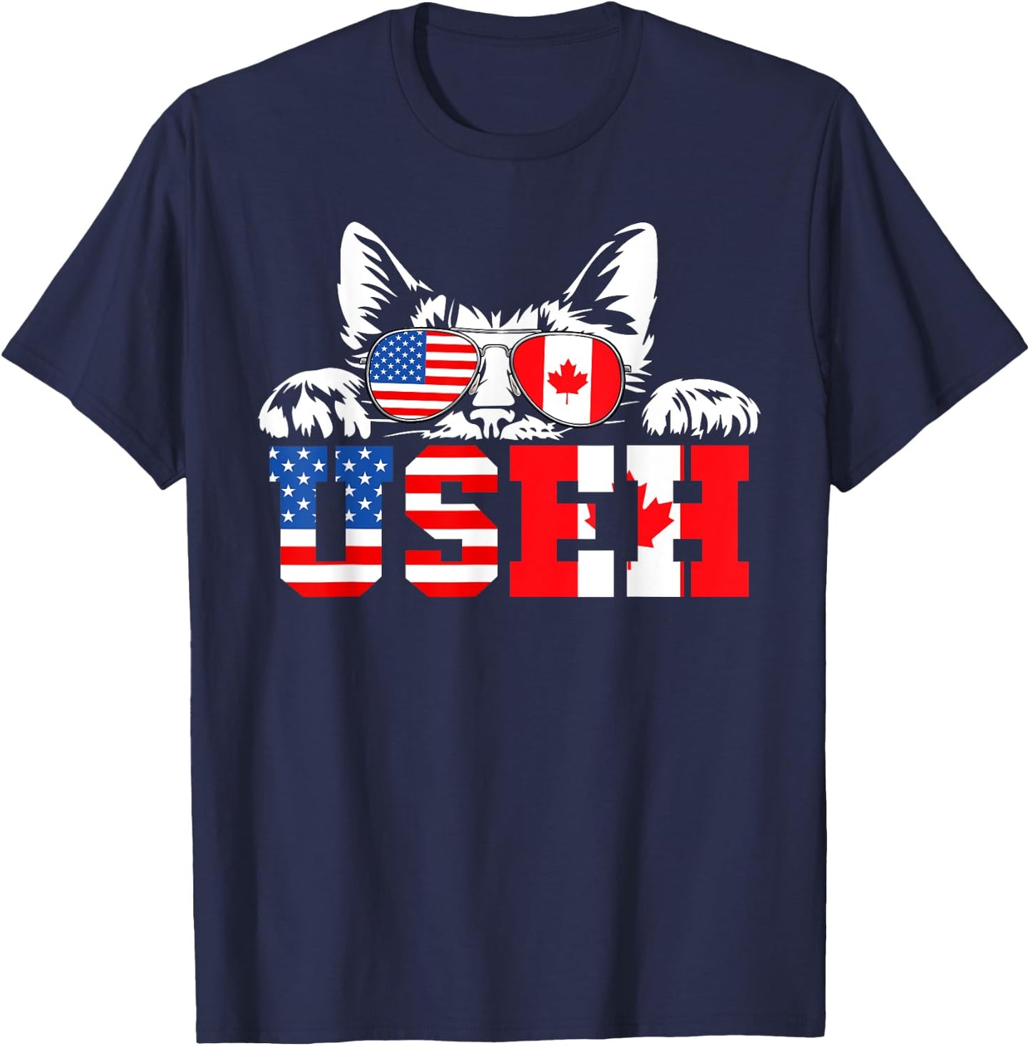 Funny Cat Lover Maple Leaf Canadian & USA Flag Canada Day T-Shirt - T-Shirt | Navy