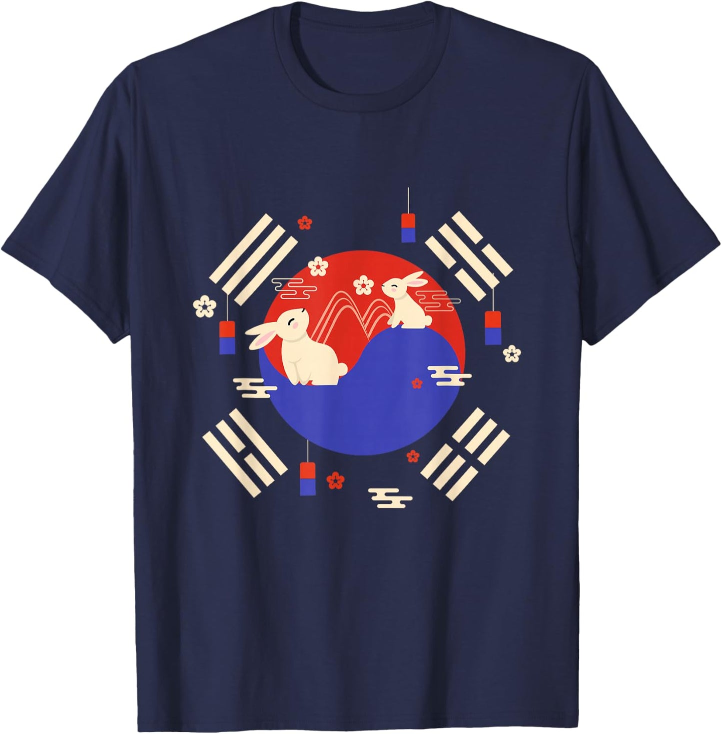 Chuseok Korean Flag Mid-Autumn Festival Cute Rabbit Kids T-Shirt - T-Shirt | Navy