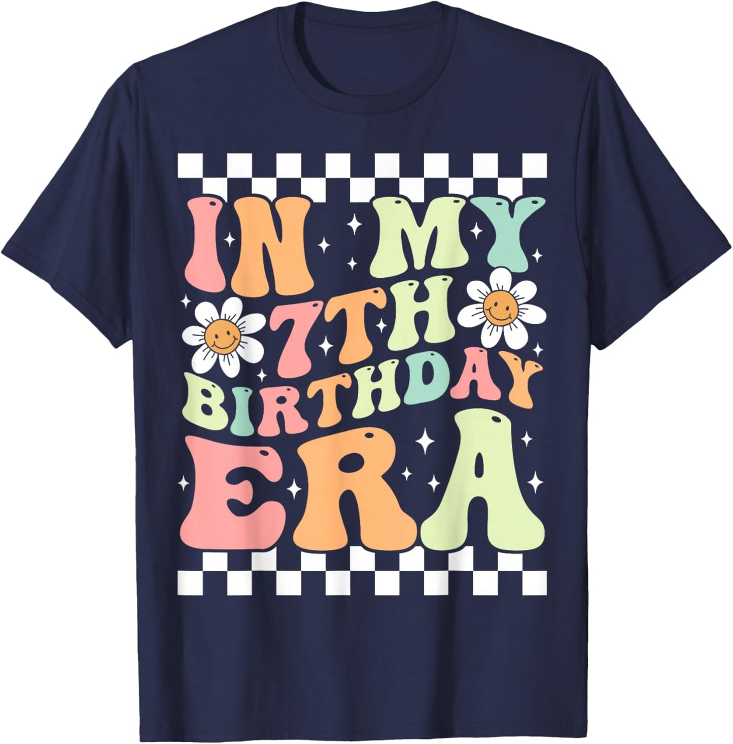 In My 7th Birthday Era Cute Daisy Groovy 7th Birthday Party T-Shirt - T-Shirt | Navy