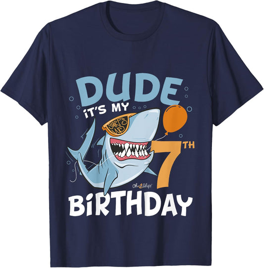 Kids Dude it's my 7th Birthday - 7th Shark Birthday Boy T-Shirt - T-Shirt | Navy
