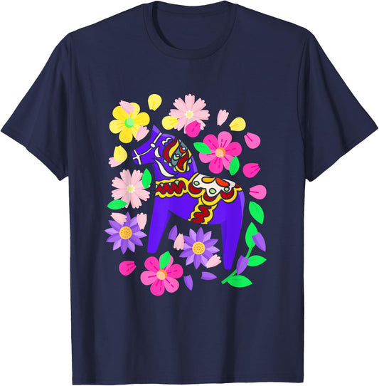 Swedish Dala Horse Folk Art Sweden Flag Dalahelmsoljd T-Shirt - T-Shirt | Navy