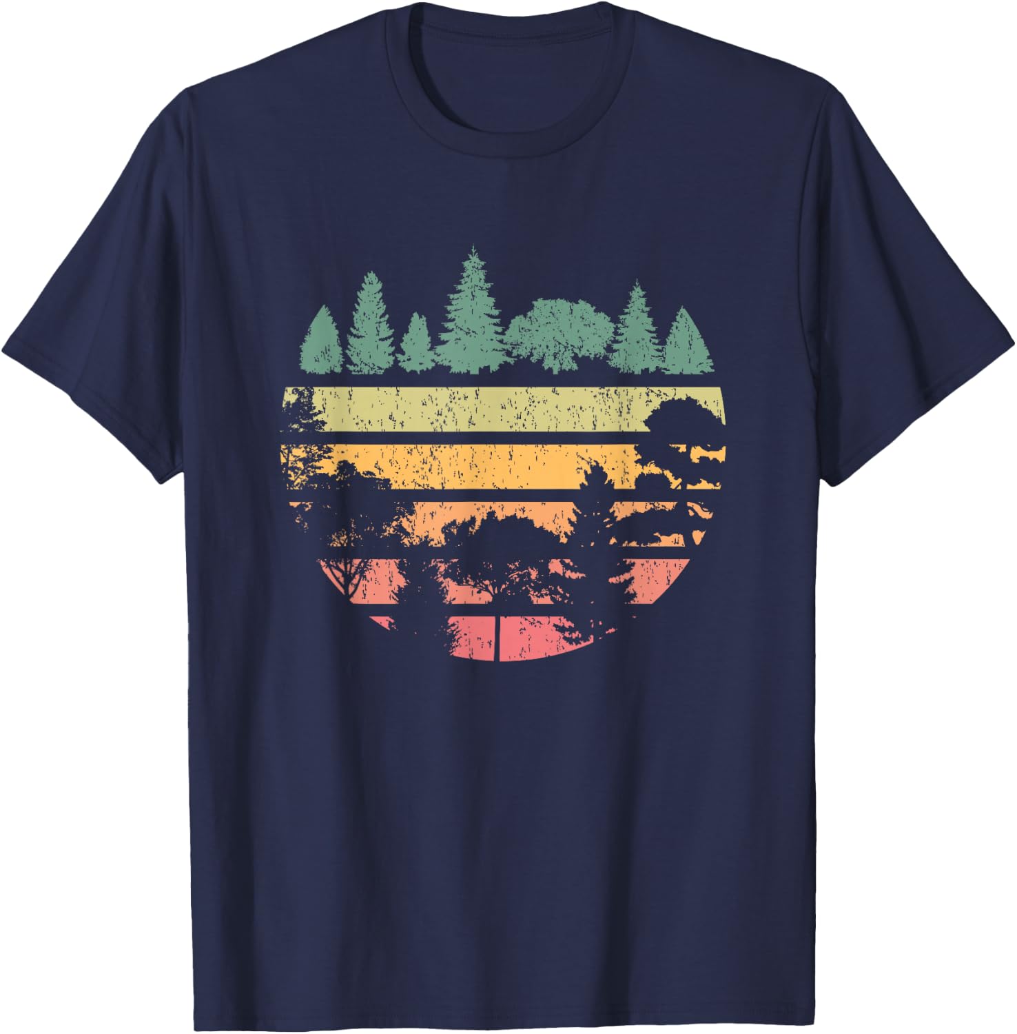 Forest Trees Retro Sunset Vintage Graphic Hiking Camping T-Shirt - T-Shirt | Navy
