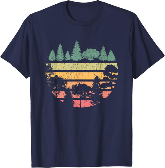 Forest Trees Retro Sunset Vintage Graphic Hiking Camping T-Shirt - T-Shirt | Navy