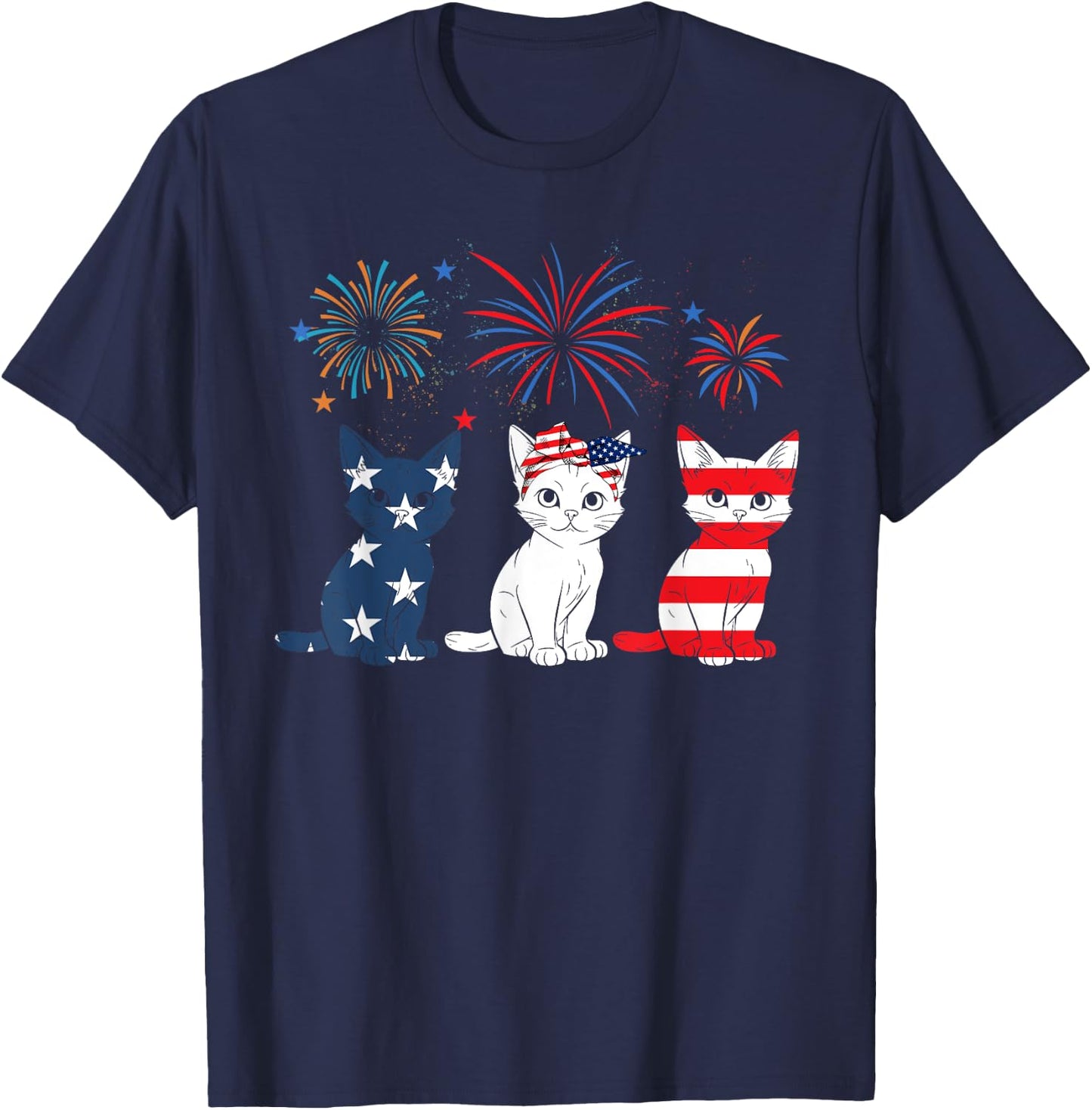 Red White Blue Cat USA Flag Firework 4th Of July T-Shirt - T-Shirt | Navy