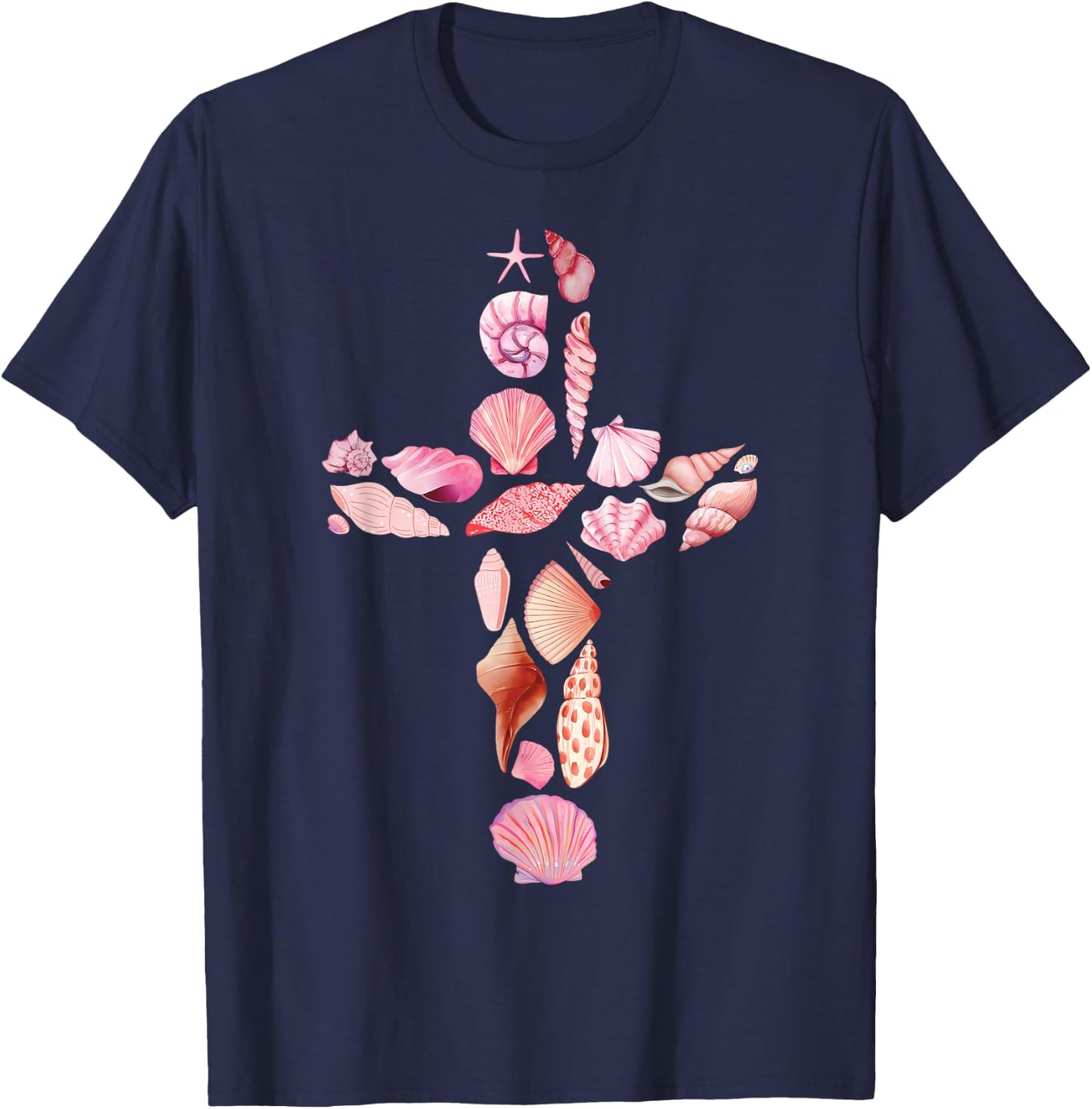Beachy Ocean Seashell Faith Cross Christian Coquette T-Shirt - T-Shirt | Navy