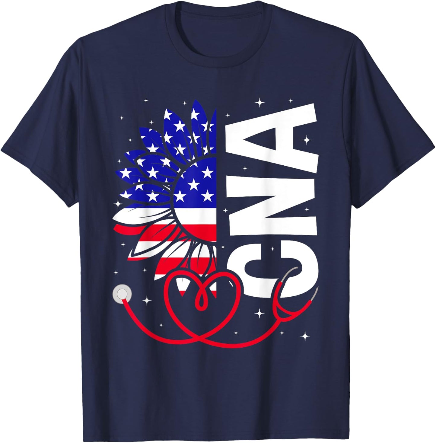 All American CNA Life American Flag Sunflower 4th Of July T-Shirt - T-Shirt | Navy