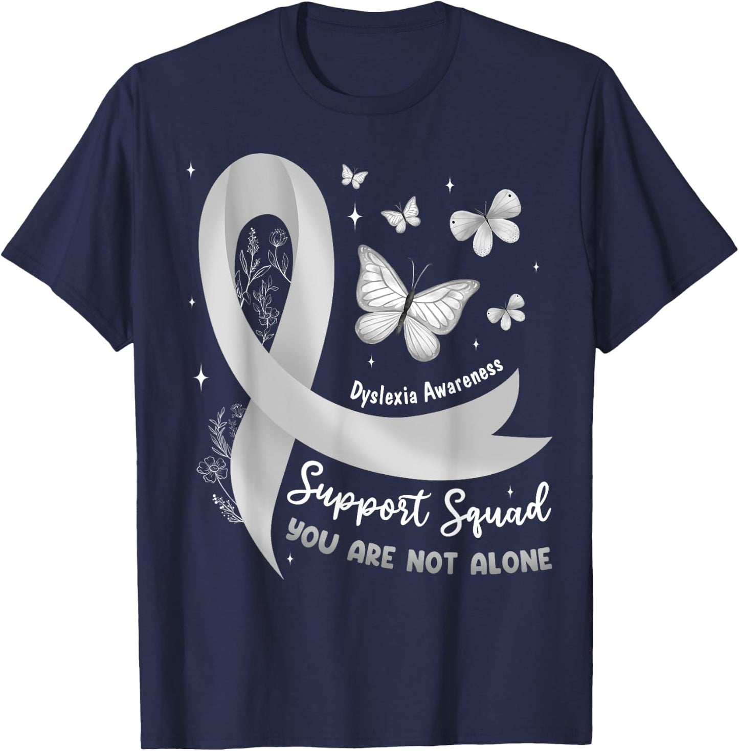 Support Squad Dyslexia Awareness Silver Ribbon Butterfly T-Shirt - T-Shirt | Navy