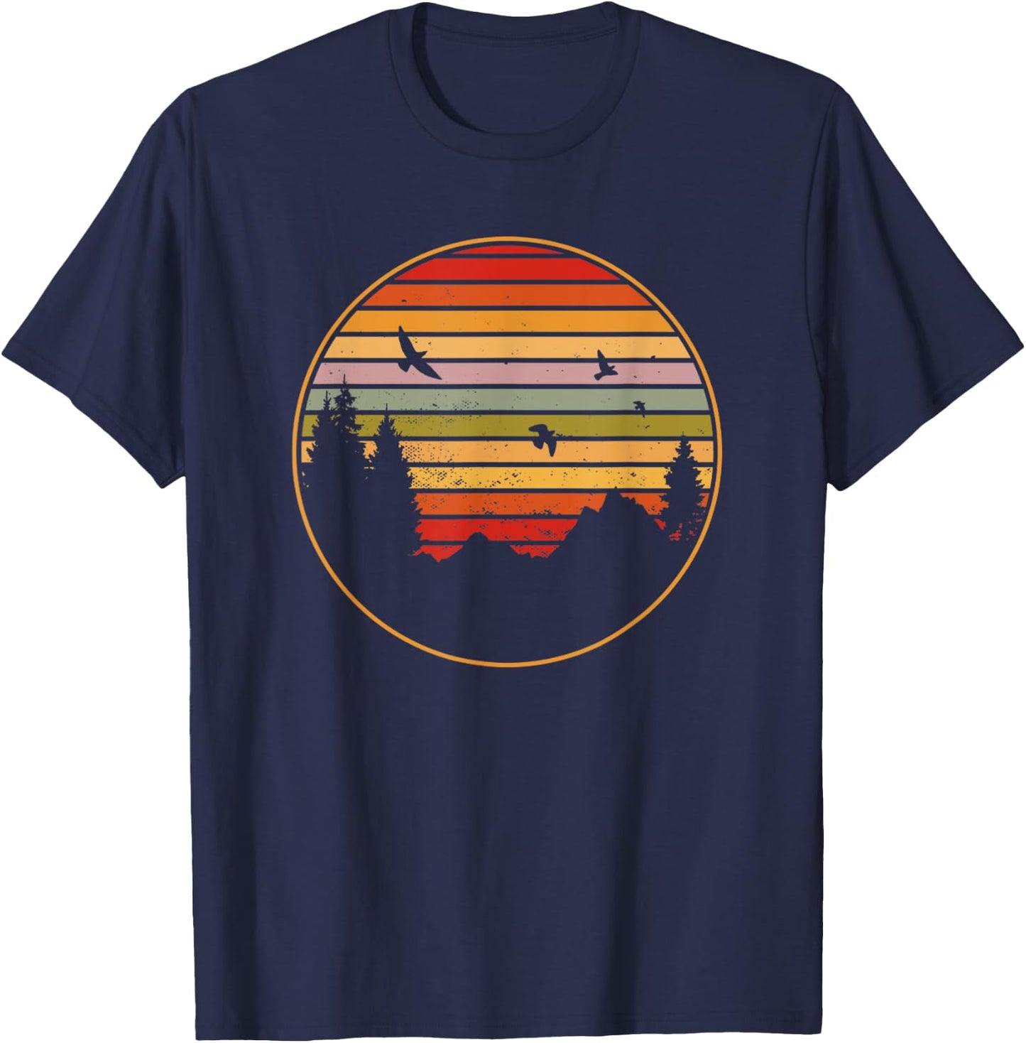 Vintage Retro Forest Sunset Circle Camping Mountain T-Shirt - T-Shirt | Navy