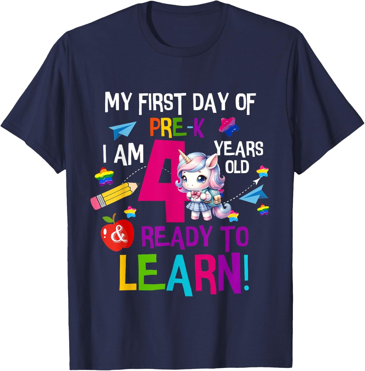 Cute My First Day Of Pre K I Am 4 Years Old Girls Kids Boys T-Shirt - T-Shirt | Navy