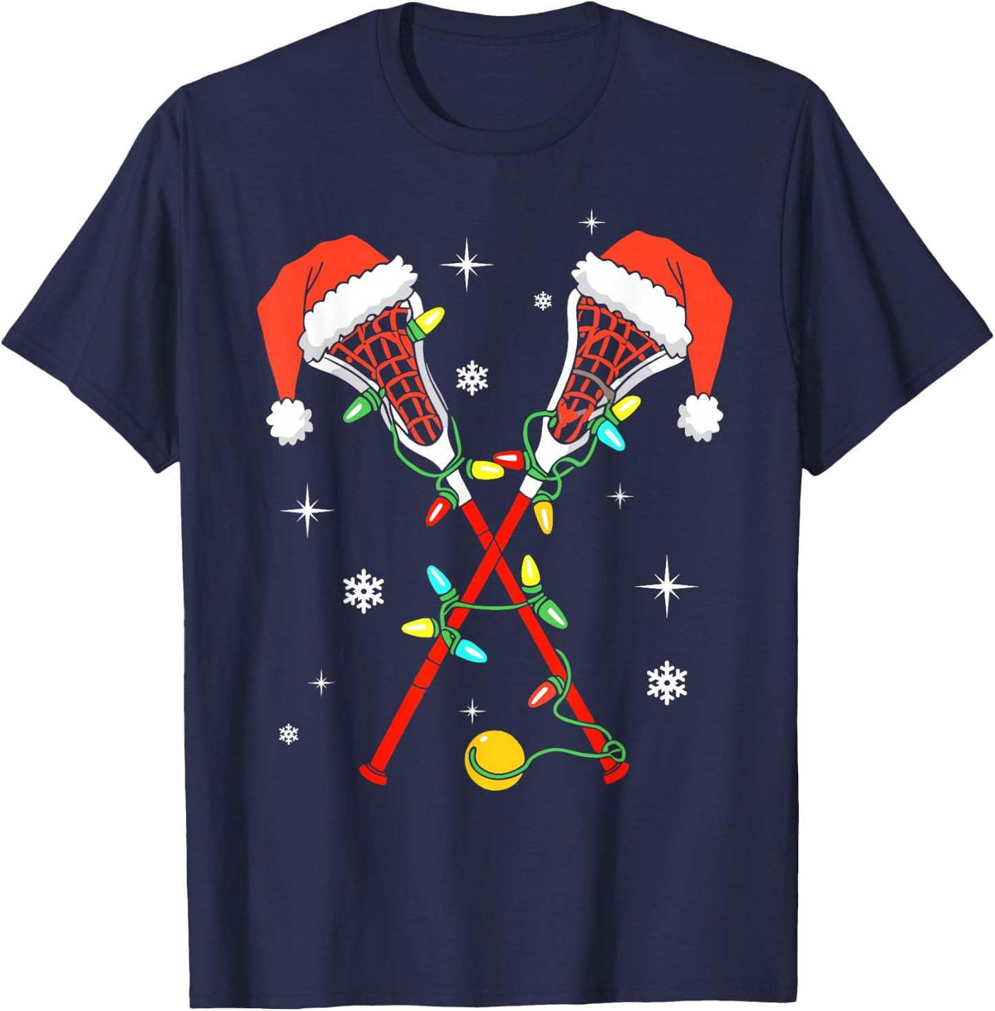 Lacrosse Player Xmas Lights Santa Hat Lacrosse Christmas T-Shirt - T-Shirt | Navy