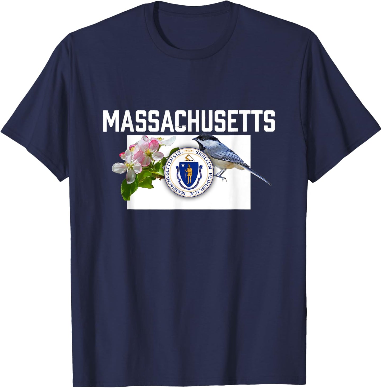 Massachusetts US State Flag With State Bird & Flower T-Shirt - T-Shirt | Navy